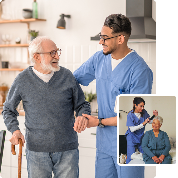 Elderly man assisted by healthcare professional.